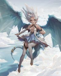 Rule 34 | absurdres, bird, blue dress, blue sky, blue tail, blue wings, boots, breasts, bridal gauntlets, cleavage, cloud, cloudy sky, commentary, day, dragon girl, dragon horns, dragon tail, dragon wings, dress, earrings, elbow gloves, english commentary, felix thirasat, fingernails, full body, gloves, hair up, highres, horn ornament, horn ring, horns, jewelry, looking at viewer, medium hair, multicolored clothes, multicolored dress, necklace, open mouth, orange eyes, original, outdoors, pointy ears, sky, small breasts, tail, tail ornament, teeth, thigh boots, thighhighs, white dress, white gloves, white hair, white thighhighs, wings, yellow gemstone
