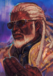 Rule 34 | 1boy, beard, blue background, chain, dark skin, dreadlocks, expressionless, facial hair, hungry clicker, jewelry, leroy smith, long hair, looking at viewer, male focus, namco, old, old man, portrait, realistic, ring, scar, scar on face, solo, sunglasses, tekken, tekken 8, white hair