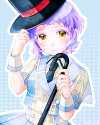 Rule 34 | 1girl, adjusting clothes, adjusting headwear, black hat, black necktie, blue background, blue jacket, blue skirt, blush, breasts, buttons, cane, checkered clothes, expressionless, future signature (idolmaster), hat, highres, holding, holding cane, holding clothes, holding hat, idolmaster, idolmaster million live!, idolmaster million live! theater days, jacket, looking at viewer, makabe mizuki, necktie, official alternate costume, parted lips, polka dot, polka dot background, purple hair, shirt, short hair, short sleeves, sidelocks, skirt, small breasts, solo, tnsk st00, top hat, upper body, wavy hair, white shirt, wing collar, wrist cuffs, yellow eyes