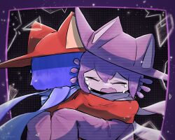 Rule 34 | 2others, androgynous, animal ears, animal hat, blue hair, blue scarf, broken, brown tunic, cat ears, cat hat, clone, closed eyes, crying, hat, highres, hug, monitor, multiple others, niko (oneshot), oneshot (game), open mouth, pungsun, scarf, tunic, whiskers
