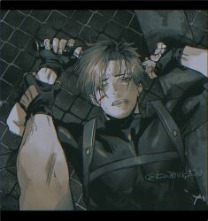 Rule 34 | 2boys, black gloves, black shirt, blood, blood on face, brown hair, chain-link fence, fence, fingerless gloves, gloves, harness, holding another&#039;s wrist, injury, jack krauser, katou teppei, leon s. kennedy, looking at viewer, lying, male focus, multiple boys, on back, open mouth, parted bangs, resident evil, resident evil 4, shirt, short hair, short sleeves, sweat, toned, toned male, twitter username, upper body, yaoi