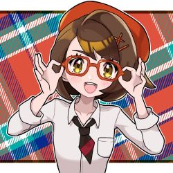 Rule 34 | 1girl, :d, adjusting eyewear, bespectacled, black necktie, blush, breast pocket, brown hair, collarbone, collared shirt, commentary request, creatures (company), fu (tk1189227dhy), game freak, glasses, gloria (pokemon), hair ornament, hairclip, hands up, hat, letterboxed, looking at viewer, necktie, nintendo, open mouth, outline, pocket, pokemon, pokemon swsh, shirt, short necktie, sleeves rolled up, smile, solo, teeth, tongue, upper body, upper teeth only, white shirt, x hair ornament
