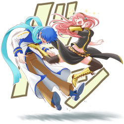 Rule 34 | 1boy, 1girl, :d, asymmetrical sleeves, belt, black skirt, black thighhighs, blue hair, blue scarf, blush, boots, brown pants, clenched hands, closed eyes, detached sleeves, floating hair, full body, happy, headphones, highres, jacket, kaito (vocaloid), kicking, long hair, long skirt, long sleeves, megurine luka, midair, midriff, navel, open mouth, pants, pink hair, scarf, shadow, shigure2, shoes, short hair, single sleeve, skirt, smile, sparkle, thighhighs, uneven sleeves, vocaloid, yellow detached sleeves, yellow footwear