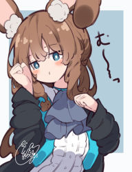 Rule 34 | 1girl, amiya (arknights), animal ear fluff, animal ears, arknights, beni shake, black jacket, blue background, blue eyes, blush, brown hair, center frills, closed mouth, commentary request, frills, grey background, hair between eyes, hands up, jacket, long hair, long sleeves, looking at viewer, open clothes, open jacket, rabbit ears, shirt, solo, translation request, two-tone background, upper body, very long hair, white shirt