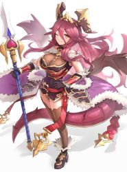 Rule 34 | 1girl, absurdres, armor, black footwear, black gloves, breasts, character request, cleavage, dragalia lost, dragon, dragon girl, dragon horns, dragon tail, female focus, gloves, gonzarez, high heels, highres, holding, holding weapon, horns, lance, large breasts, long hair, looking at viewer, one eye closed, polearm, red hair, simple background, smile, solo, standing, tail, thighhighs, weapon, white background, wink, yellow eyes