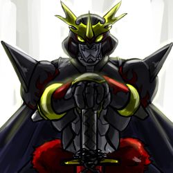 Rule 34 | 1boy, armor, artist request, cape, digimon, digimon (creature), full armor, holding, holding sword, holding weapon, horns, looking at viewer, samurai, shoulder armor, simple background, solo, standing, sword, tactimon, weapon