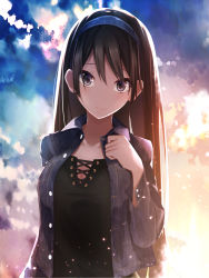 Rule 34 | 1girl, black hair, black shirt, blue eyes, blue hairband, breasts, cloud, commentary request, denim, denim jacket, expressionless, gradient sky, hairband, hand on own chest, head tilt, highres, jacket, light particles, long hair, long sleeves, looking at viewer, medium breasts, open clothes, open jacket, original, oriuo q, outdoors, purple eyes, shirt, sky, solo, twilight, upper body