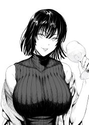 Rule 34 | 1girl, absurdres, breasts, cup, drinking glass, fubuki (one-punch man), greyscale, highres, iwao178, large breasts, looking at viewer, medium hair, monochrome, one-punch man, reflection, ribbed sweater, saitama (one-punch man), sleeveless, sleeveless sweater, sweater, turtleneck, turtleneck sweater, white background, wine glass