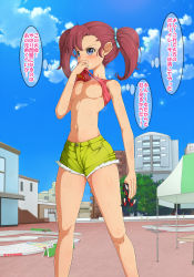 Rule 34 | 1girl, bakusou kyoudai let&#039;s &amp; go!!, bakusou kyoudai let&#039;s &amp; go!! max, bare shoulders, blue eyes, blue sky, blush, bow, breasts, breasts out, building, clothes lift, cloud, crop top, dedenchuu, denim, denim shorts, from below, green shorts, hair bow, highres, holding, lifting own clothes, medium breasts, navel, no bra, oogami marina, outdoors, red hair, shirt lift, short shorts, shorts, sky, slot car, smelling, solo, standing, sweat, tank top, toy car, translation request, twintails