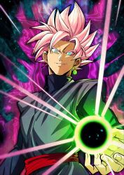 Rule 34 | 1boy, arm at side, aura, blue eyes, chuya hukuaka, dougi, dragon ball, dragon ball super, earrings, energy, energy ball, evil grin, evil smile, eyes visible through hair, fingernails, goku black, grin, highres, holding, jewelry, long sleeves, looking at viewer, male focus, outstretched hand, parted lips, pink hair, shaded face, short hair, single earring, smile, solo, spiked hair, super saiyan, super saiyan rose, teeth, upper body