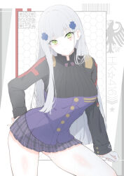 Rule 34 | 1girl, absurdres, barcode, black jacket, character name, closed mouth, cowboy shot, criss-cross halter, expressionless, girls&#039; frontline, green eyes, grey hair, halterneck, hand on own hip, highres, hk416 (girls&#039; frontline), jacket, long hair, looking at viewer, multicolored clothes, multicolored jacket, plaid, plaid skirt, pleated skirt, purple jacket, purple skirt, qr code, simple background, skirt, solo, star (symbol), straight hair, teardrop facial mark, teardrop tattoo, two-tone jacket, uchikata takeaki