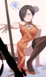 Rule 34 | 1girl, absurdres, academy cowboy ga doeda, bad id, bad pixiv id, black hair, blue eyes, blush, china dress, chinese clothes, dress, hair bun, hair over one eye, hand on ground, high heels, highres, huge filesize, jin rou, looking down, novel illustration, official art, open hand, open mouth, single hair bun, solo, speech bubble, spoken squiggle, spread legs, squiggle, staff, thighhighs