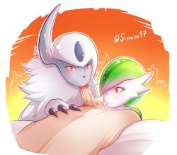 Rule 34 | 1boy, 2girls, absol, absurdres, body fur, claws, cooperative fellatio, creatures (company), eye contact, fellatio, furry, game freak, gardevoir, gem, gen 3 pokemon, green hair, hetero, highres, horn, horns, interspecies, looking at another, looking at viewer, multiple girls, nintendo, nude, oral, penis, pokemon, pokemon (creature), pov, pubic hair, red eyes, self-upload, srxnico97, testicle sucking, tongue, tongue out, uncensored, veins, veiny penis, video game, white hair