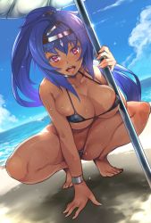 Rule 34 | 1girl, akinaie, barefoot, beach, bikini, blue bikini, blue hair, commentary request, day, highres, looking at viewer, ocean, open mouth, original, parasol, red eyes, sand, sky, solo, summer, sweat, swimsuit, tan, umbrella