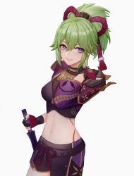 Rule 34 | 1girl, armor, black nails, body markings, breasts, crop top, dagger, fingerless gloves, fishnet top, fishnets, genshin impact, gloves, green hair, grin, hair between eyes, hair ornament, hand on own shoulder, highres, holding, holding dagger, holding knife, holding weapon, knife, kuki shinobu, looking at viewer, medium breasts, midriff, nail polish, navel, omokiki, parted lips, purple eyes, reverse grip, rope, shimenawa, short ponytail, short shorts, shorts, shoulder armor, sidelocks, simple background, smile, solo, stomach, weapon, white background
