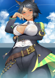 Rule 34 | 1girl, ahoge, animal ears, arm under breasts, belt, black gloves, black hair, black jacket, black necktie, black pants, blue eyes, blue sky, blush, breasts, brown belt, center frills, cleavage, cloud, collared shirt, commentary, cowboy shot, day, ear ornament, ear piercing, frilled shirt, frills, fuji kiseki (umamusume), gloves, gold trim, hand up, highres, horse ears, horse girl, jacket, large breasts, long sleeves, looking at viewer, multicolored hair, necktie, open clothes, open jacket, pants, parted lips, piercing, shirt, short hair, sidelocks, single glove, sky, smile, solo, standing, steam, sweat, tsukareme, umamusume, underbust, wet, wet clothes, wet shirt, white hair, white shirt
