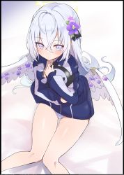 Rule 34 | 1girl, angel wings, azusa (blue archive), blue archive, blush, caburi, feathered wings, flower, highres, holding, hood, hoodie, long hair, looking at viewer, low wings, panties, pink eyes, purple flower, simple background, solo, striped clothes, striped panties, underwear, white hair, white wings, wings