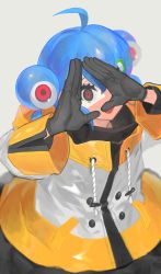 Rule 34 | 1girl, ahoge, black gloves, blue hair, drawstring, extra eyes, frog hair ornament, gloves, hair ornament, hands up, highres, jacket, kero-chan (lunch), long sleeves, looking at viewer, lunch (lunchicken), male focus, multicolored clothes, multicolored jacket, original, red eyes, simple background, solo, upper body, white background, wide sleeves