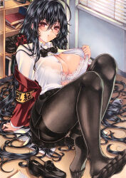 Rule 34 | 1girl, absurdly long hair, ahoge, armband, azur lane, black bow, black bowtie, black hair, black pantyhose, black skirt, book, bow, bowtie, bra, bra visible through clothes, breasts, button gap, cleavage, collared shirt, full body, glasses, highres, huge ahoge, huge breasts, indoors, jacket, lace, lace bra, long hair, looking at viewer, miniskirt, mktr (princess mktr), official alternate costume, panties, panties under pantyhose, pantyhose, partially unbuttoned, pleated skirt, red eyes, red jacket, school uniform, see-through, see-through shirt, shirt, sitting, skirt, taihou (azur lane), taihou (sweet time after school) (azur lane), thighband pantyhose, underwear, very long hair, white panties, white shirt, yellow armband