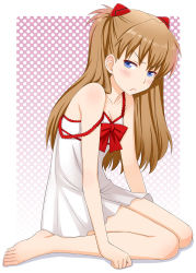 Rule 34 | &gt;:(, 00s, 1girl, angry, arms at sides, bare legs, bare shoulders, barefoot, blue eyes, blush, bow, breasts, brown hair, chemise, cleavage, clenched hand, closed mouth, collarbone, dress, evangelion: 2.0 you can (not) advance, feet, from side, frown, full body, gradient background, ha-ru, hair ornament, halftone, halftone background, highres, lace, lingerie, long hair, looking back, neon genesis evangelion, outside border, purple background, rebuild of evangelion, red bow, shadow, sitting, small breasts, solo, souryuu asuka langley, strap slip, toes, twintails, two side up, underwear, underwear only, v-shaped eyebrows, wariza, white dress