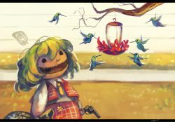 Rule 34 | 1girl, ascot, bag, bug, butterfly, commentary, green hair, gun, handgun, honeybird, insect, kazami yuuka, koto inari, letterboxed, open mouth, plaid, plaid vest, revolver, short hair, touhou, vest, weapon