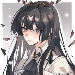 Rule 34 | 1girl, absurdres, ahoge, antenna hair, arknights, artist name, ascot, belt, black ascot, black eyes, black hair, black halo, black wings, blunt bangs, blurry, bokeh, border, broken halo, chinese commentary, chinese text, close-up, closed mouth, collared jacket, commentary request, dark halo, depth of field, detached wings, energy wings, english text, gradient background, grey background, halo, heart, highres, hime cut, jacket, light smile, lips, long hair, looking at viewer, mole, mole under eye, outside border, portrait, sidelocks, solo, star (symbol), virtuosa (arknights), weibo 3626047895, weibo username, white belt, white border, white jacket, wings