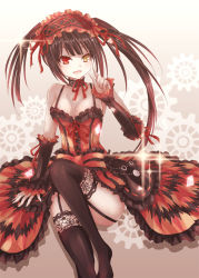 Rule 34 | 10s, 1girl, arm warmers, asle, asymmetrical hair, bare shoulders, black hair, black thighhighs, bow, breasts, bustier, choker, circle skirt, cleavage, clock eyes, date a live, detached sleeves, dress, frilled skirt, frilled sleeves, frills, garter straps, gears, hairband, hands on own hips, heterochromia, lace, lace-trimmed legwear, lace trim, lolita hairband, long hair, looking at viewer, no shoes, open mouth, pointing, pointing up, red eyes, red ribbon, ribbon, skirt, sleeves past wrists, smile, solo, sparkle, symbol-shaped pupils, thighhighs, tokisaki kurumi, twintails, uneven twintails, yellow eyes