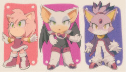 Rule 34 | 3girls, :3, amy rose, animal ears, aoki (fumomo), arms at sides, arms up, bat ears, bat girl, bat wings, black bodysuit, black wings, blaze the cat, blue eyeshadow, bodysuit, boots, breasts, cat ears, cat girl, chibi, cleavage, closed mouth, coat, colored tips, dress, elbow gloves, eyeshadow, female focus, flat chest, forehead jewel, full body, fur-trimmed footwear, fur-trimmed gloves, fur trim, furry, furry female, gem, gloves, green eyes, half-closed eyes, hand on own hip, hand up, happy, high heels, knee boots, long sleeves, looking afar, looking at viewer, multicolored hair, multiple girls, outline, outstretched arms, pants, pink hair, purple coat, purple hair, red dress, red footwear, red gemstone, rouge the bat, shoes, short dress, short hair, sidelocks, sleeveless, sleeveless dress, small breasts, smile, sonic (series), spread arms, standing, thigh boots, topknot, two-tone hair, white footwear, white gloves, white hair, white outline, white pants, wings, yellow eyes