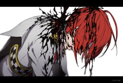 Rule 34 | 1boy, akazu kieshi, artist name, black liquid, collared jacket, covered eyes, facing down, grey jacket, highres, jacket, letterboxed, long sleeves, male focus, open mouth, red hair, riddle rosehearts, simple background, solo, twisted wonderland, twitter username, upper body, white background