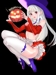 Rule 34 | 1girl, :d, bare shoulders, black background, breasts, capcom fighting jam, detached sleeves, frills, hat, highres, ingrid (capcom), jack-o&#039;-lantern, long hair, looking at viewer, midriff, open mouth, red eyes, simple background, skirt, smile, solo, tetsu (kimuchi), thighhighs, white hair, white thighhighs, witch hat