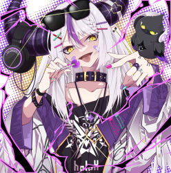 Rule 34 | 1girl, alternate costume, bandaid, bandaid on face, belt collar, bird, bird on hand, black horns, braid, braided bangs, candy, collar, crow (la+ darknesss), eyewear on head, food, grey hair, hair ornament, hairpin, headphones, heart o-ring, heart pendant, highres, hiyashinssu, holding, holding candy, holding food, holding lollipop, hololive, horn ornament, horns, jacket, jewelry, la+ darknesss, lollipop, long hair, multicolored hair, multicolored nails, necklace, open mouth, pointy ears, purple hair, smile, streaked hair, striped horns, tongue, tongue out, virtual youtuber, x hair ornament