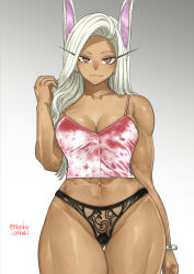 Rule 34 | 1girl, abs, animal ears, artist name, boku no hero academia, breasts, cameltoe, covered erect nipples, highres, large breasts, long hair, looking at viewer, mirko, muscular, muscular female, navel, panties, rabbit ears, red eyes, shorts, shosho oekaki, smile, solo, thick thighs, thigh gap, thighs, underwear, white hair