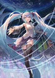Rule 34 | 1girl, 39, ahoge, aqua ribbon, bare shoulders, black skirt, black thighhighs, boots, detached sleeves, earth (planet), foot out of frame, green eyes, hatsune miku, highres, leg up, long hair, long sleeves, looking at viewer, miku day, neck ribbon, open mouth, ouu min, planet, pleated skirt, ribbon, see-through, see-through sleeves, shirt, sidelocks, skirt, sleeveless, sleeveless shirt, solo, space, standing, standing on one leg, thigh boots, thighhighs, twintails, vocaloid, white shirt, white sleeves