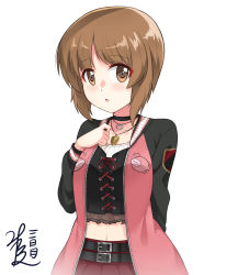Rule 34 | 1girl, :o, anglerfish, arm support, artist name, belt, black belt, black choker, black shirt, blush, brown eyes, brown hair, casual, choker, emblem, far is a, fish, girls und panzer, hand on own chest, highres, jacket, jewelry, lace-up top, looking at viewer, midriff, navel, necklace, nishizumi miho, open clothes, open jacket, open mouth, pink jacket, pleated skirt, purple skirt, raglan sleeves, shirt, short hair, signature, skirt, solo, standing