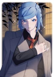 Rule 34 | 1boy, alternate costume, black shirt, blue eyes, blue hair, buttons, collared shirt, commentary request, creatures (company), eyelashes, game freak, grey jacket, grey vest, grusha (pokemon), highres, jacket, jacket on shoulders, long sleeves, looking at viewer, male focus, mocacoffee 1001, necktie, nintendo, parted lips, pokemon, pokemon sv, red necktie, shirt, short hair, signature, smile, solo, sparkle, upper body, vest
