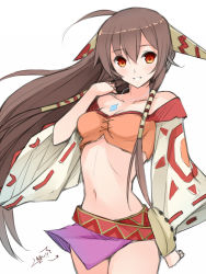 Rule 34 | 1girl, breasts, brown hair, cosplay, feena (grandia), grandia, grandia i, hair tubes, jewelry, long hair, looking at viewer, low-tied long hair, midriff, mkmkproject, navel, necklace, simple background, skirt, smile, solo, virtual youtuber, white background, yaezawa natori