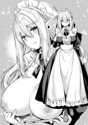 Rule 34 | 1girl, apron, blush, boots, breasts, brooch, elf, greyscale, highres, jewelry, large breasts, long hair, looking at viewer, maid, maid headdress, monochrome, nipples, original, pointy ears, shibi, solo, undressing, waist apron, wrist cuffs
