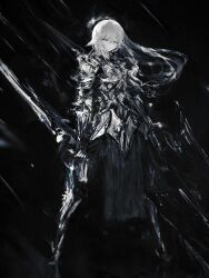 Rule 34 | 1girl, :|, absurdres, armor, breastplate, closed mouth, expressionless, floating hair, full body, greaves, greyscale, hair between eyes, highres, holding, holding sword, holding weapon, legs apart, long bangs, long hair, looking at viewer, monochrome, original, pelvic curtain, ponytail, rain, reverse grip, sidelocks, solo, standing, sword, tuda6, vambraces, weapon