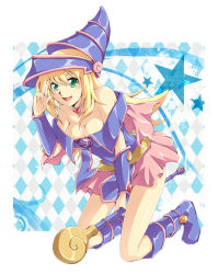 Rule 34 | 1girl, argyle, argyle background, argyle clothes, bare shoulders, blonde hair, blue background, blue footwear, blush stickers, boots, breasts, cleavage, dark magician girl, duel monster, gauntlets, green eyes, hat, hexagram, jewelry, kneeling, leaning forward, long hair, mugicha (sukimachaya), necklace, open mouth, pentacle, skirt, smile, solo, star (symbol), wand, yu-gi-oh!, yu-gi-oh! duel monsters