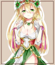 Rule 34 | 1girl, bad id, bad pixiv id, blonde hair, blush, breasts, cleavage, dress, freyja (p&amp;d), green eyes, hair ornament, hat, hat leaf, jewelry, large breasts, leaf, long hair, lots of jewelry, necklace, pointy ears, ponpon (444), purple ribbon, puzzle &amp; dragons, ribbon, solo, tan background, wristband