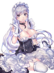 Rule 34 | 1girl, apron, azur lane, bare shoulders, belfast (azur lane), blue eyes, braid, breasts, chain, cleavage, closed mouth, collar, corset, french braid, frilled apron, frilled gloves, frills, garter straps, gloves, highres, large breasts, long hair, looking at viewer, maid, maid apron, maid headdress, michudx, simple background, sitting, smile, solo, swept bangs, thighhighs, thighs, white apron, white background, white gloves, white hair, white thighhighs