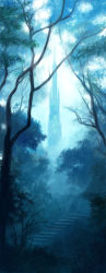 Rule 34 | blue theme, dark, fog, forest, grass, monochrome, nature, no humans, original, scenery, stairs, tower, tree, yuko666