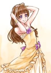 Rule 34 | 1girl, amanogawa kirara, arms up, blunt bangs, bow, brown hair, chocokin, closed mouth, collarbone, dress, flat chest, go! princess precure, hair ribbon, hairband, hands in hair, long dress, long hair, precure, purple bow, purple eyes, ribbon, simple background, sketch, sleeveless, sleeveless dress, smile, solo, standing, star bracelet, very long hair, white background, yellow dress