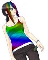Rule 34 | artist request, black hair, bracelet, character request, copyright request, dutch angle, glasses, lowres, multicolored hair, multicolored shirt, pants, rainbow, small breasts, source request, tagme, tank top, white background