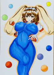 Rule 34 | 1girl, bodysuit, breasts, brown eyes, brown hair, cleavage, clenched hand, covered navel, curvy, fingerless gloves, gloves, goggles, goggles on head, highres, huge breasts, jacket, legs, looking at viewer, makihara arina, open clothes, open jacket, open mouth, rabbit ears, rabbit girl, short hair, solo, spandex, thick thighs, thighs, traditional media, waku waku 7, wide hips