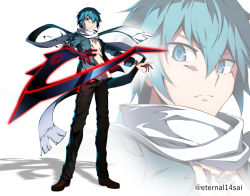 Rule 34 | 1boy, arm blade, artist name, asymmetrical arms, blue eyes, blue hair, bois de justice, close-up, commentary request, dies irae, eternal 14sai, fujii ren, full body, jacket, jewelry, looking at viewer, male focus, necklace, scarf, serious, shadow, shinza bansho series, solo, torn clothes, weapon, white background, white scarf