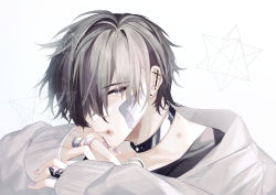 Rule 34 | 1boy, absurdres, bad id, bad pixiv id, black hair, blood, blood on face, choker, grey eyes, grey hair, highres, jewelry, looking at viewer, male focus, multicolored hair, open mouth, original, piercing, ring, short hair, sleeves past wrists, solo, teeth, white background, wu (user sevs2252)