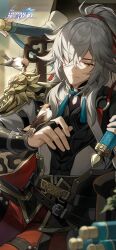 Rule 34 | 1boy, animal, animal on shoulder, armor, belt, bird, bird on hand, bird on shoulder, chinese commentary, grey hair, hair over one eye, high ponytail, highres, holding, honkai: star rail, honkai (series), jing yuan, logo, long hair, long sleeves, looking at animal, male focus, mole, mole under eye, official art, official wallpaper, pants, red headwear, red pants, shoulder armor, sitting, smile, solo, upper body, yellow eyes