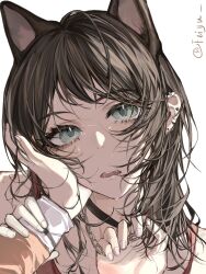 Rule 34 | 2girls, animal ear hood, animal ears, bang dream!, bang dream! it&#039;s mygo!!!!!, black choker, black hair, blue eyes, chain, chain necklace, chinese commentary, choker, commentary request, ear piercing, earrings, fake animal ears, feiyu30903448, hanasakigawa school uniform, hand on another&#039;s cheek, hand on another&#039;s face, highres, holding another&#039;s wrist, hood, jewelry, kemonomimi mode, long hair, medium hair, multiple girls, necklace, open mouth, piercing, pov, school uniform, shiina taki, sidelocks, simple background, sweat, teeth, twitter username, upper teeth only, white background, wolf ears, wolf girl, yahata umiri