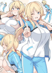 Rule 34 | 1girl, 1other, ;d, blonde hair, blue jacket, blue pants, breast press, breasts, closed eyes, disembodied hand, grabbing, grabbing another&#039;s breast, hachimiya meguru, hair ornament, idolmaster, idolmaster shiny colors, implied sex, index finger raised, jacket, large breasts, long hair, looking at viewer, low twintails, mirror, multiple views, one eye closed, open mouth, pants, reflection, shiseki hirame, simple background, smile, standing, star (symbol), star hair ornament, teeth, track jacket, twintails, upper teeth only, white background